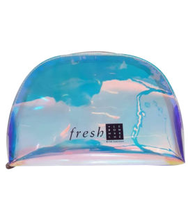 A holographic and transparent pouch marked with the Fresh logo, sold at Sephora. Fresh beauty kit.
