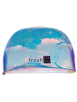 A holographic and transparent pouch marked with the Fresh logo, sold at Sephora. Fresh beauty kit.