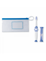 kit brosse à dent personnalisable sur la trousse bleue - goodies enfant avec trousse, brosse à dent et sablier.