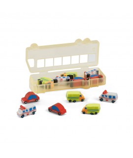 Set de gommes publicitaires enfants en formes de voitures, ambulances et camions dans une boîte rouge personnalisable