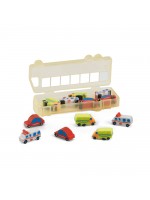 Set de gommes publicitaires enfants en formes de voitures, ambulances et camions dans une boîte rouge personnalisable